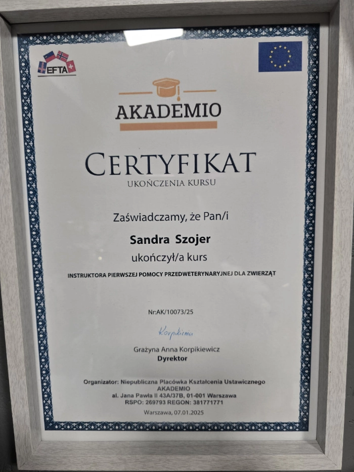 Certyfikat ukończenia kursu instruktora pierwszej pomocy przedweterynaryjnej dla zwierząt dla Sandry Szojer.